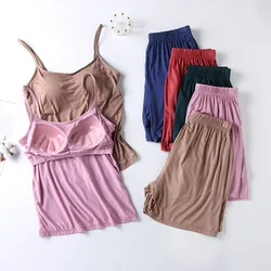 New Summer Woman Pajamas Modal Two-Piece Set Nightie With Chest Cushion Pyjama Sleeveless Women's Homewear Night Suit