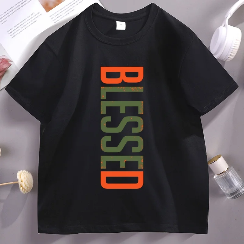 Blessed T-Shirt Christian Faith Tee Religious Soft Comfortable Cotton Short Sleeve Tshirt Streetwear Loose Round Neck Clothes