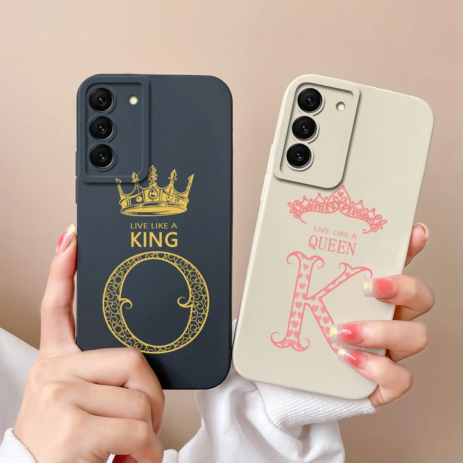 For Samsung S22 Ultra Plus Case King Queen Letter Camera Protection Liquid Silicone Cover For Galaxy S 22 S22Ultra S22+ Fundas