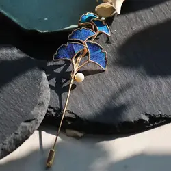 Original Design Enamel Ginkgo Leaf Pearl Long Style broche Pin Chinese Style New Light Luxury brooches for women Wedding Jewelry