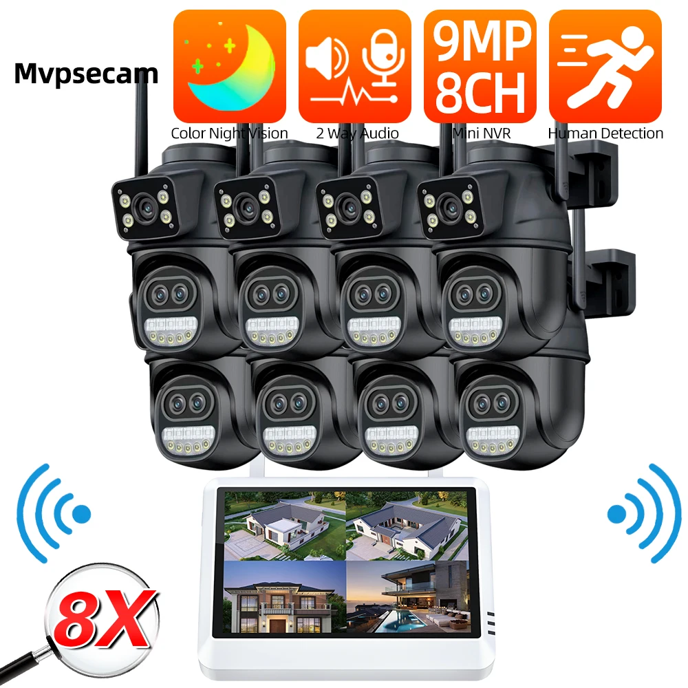 

9MP Wireless CCTV System 2 Way Audio Waterproof PTZ WIFI IP Security 8X Zoom Camera 8CH 5MP LCD WiFi NVR Video Surveillance Kit