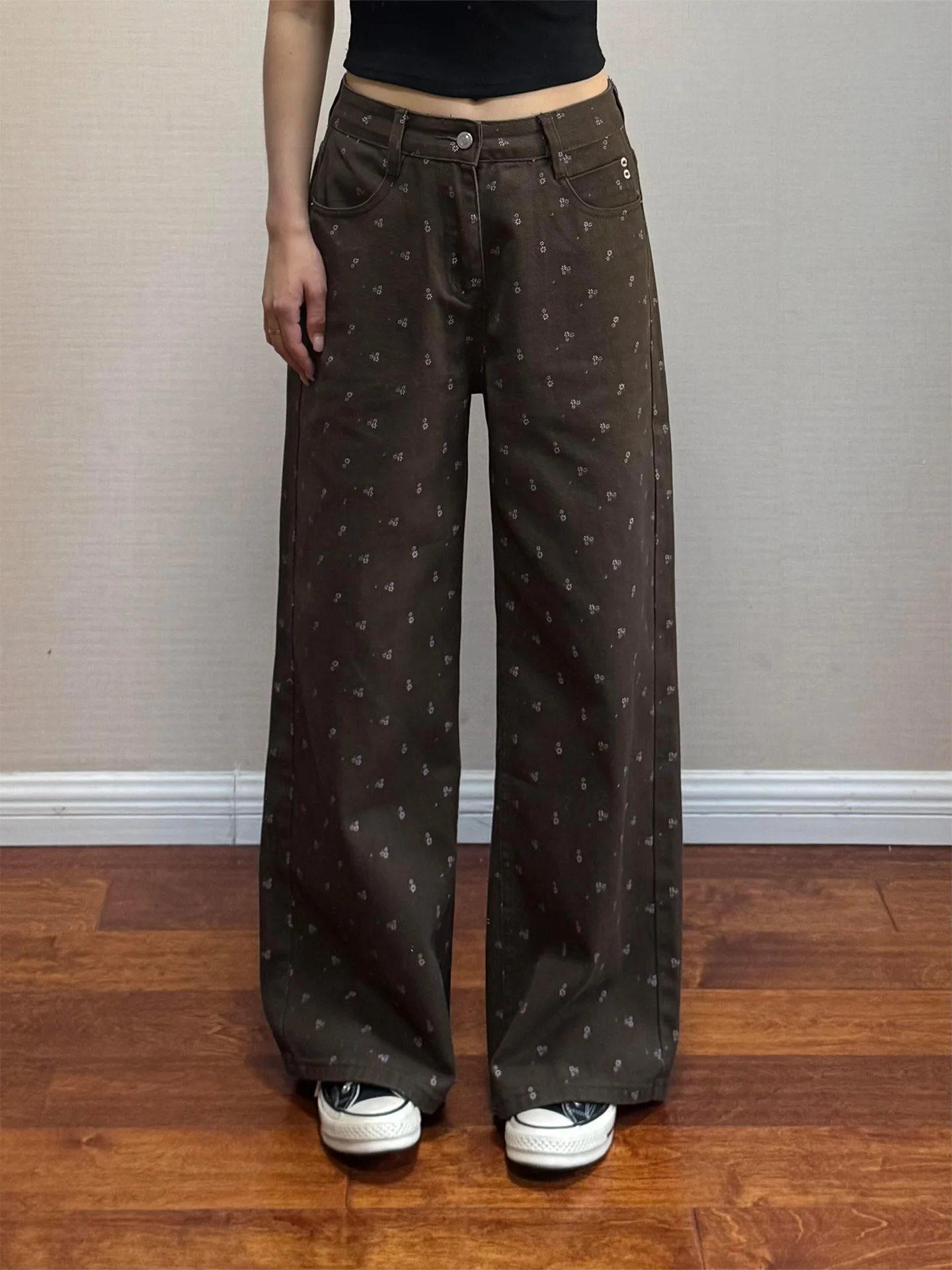 

American Lazy Style Floral Print Wide Leg Denim Jeans Women's Cacao Brown Summer New Floor Length Retro Pants High Waist Zipp...