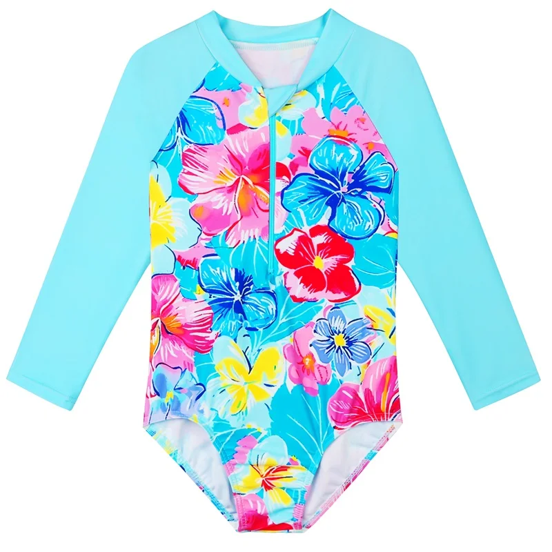 4 -11 Years Girls Swimsuit UPF 50+ UV Swimwear Sun Protective One Piece Beachwear with Ziper Surfing Suit Rashguard