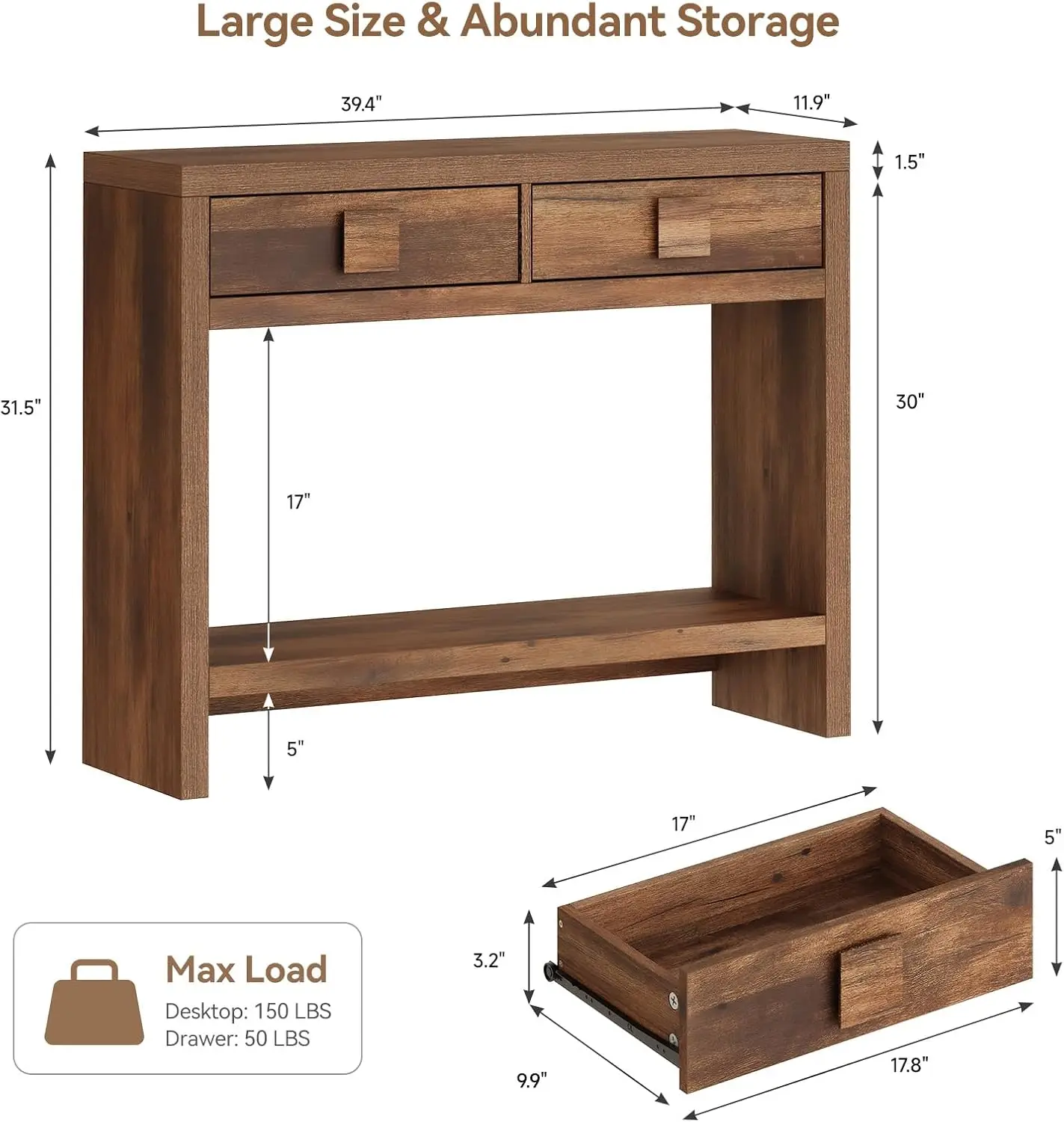 Narrow Console Table With Drawers, Entryway Storage Organizer Shelf, Behind Couch Hallway Foyer Display Stand, Modern Farmhouse Furniture, Brown, 1 Piece
