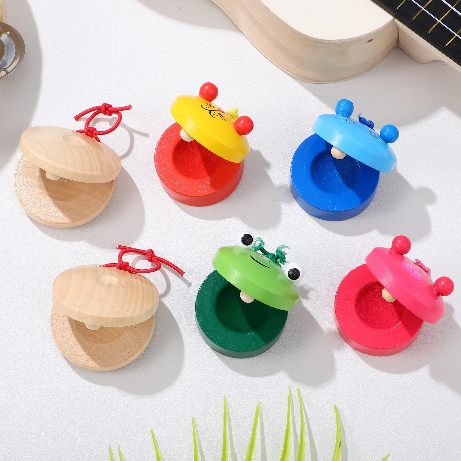 

10 Pcs Log Speaker + Colored Cartoon Small Percussion Instruments Hand Musical for Children Castanets Wood Kids