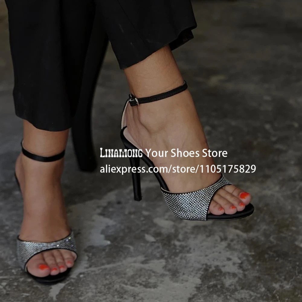 Black Stone Embellished Heel Shoes Round Open Toe Ankle Strap High Heel Sandals Sexy Style Rhinestones Stiletto Shoes for Summer