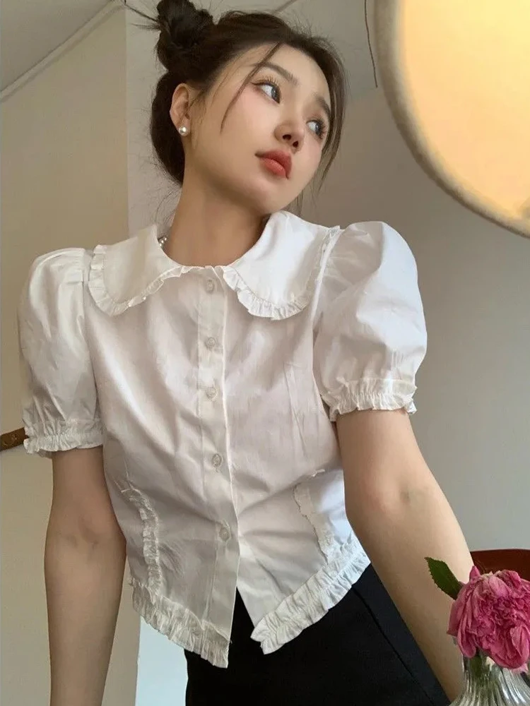 

Slim Cute Cropped White Shirt Women Summer Short Sleeve Elegant Blouse Preppy Style Vintage Sweet French Casual Design Tops