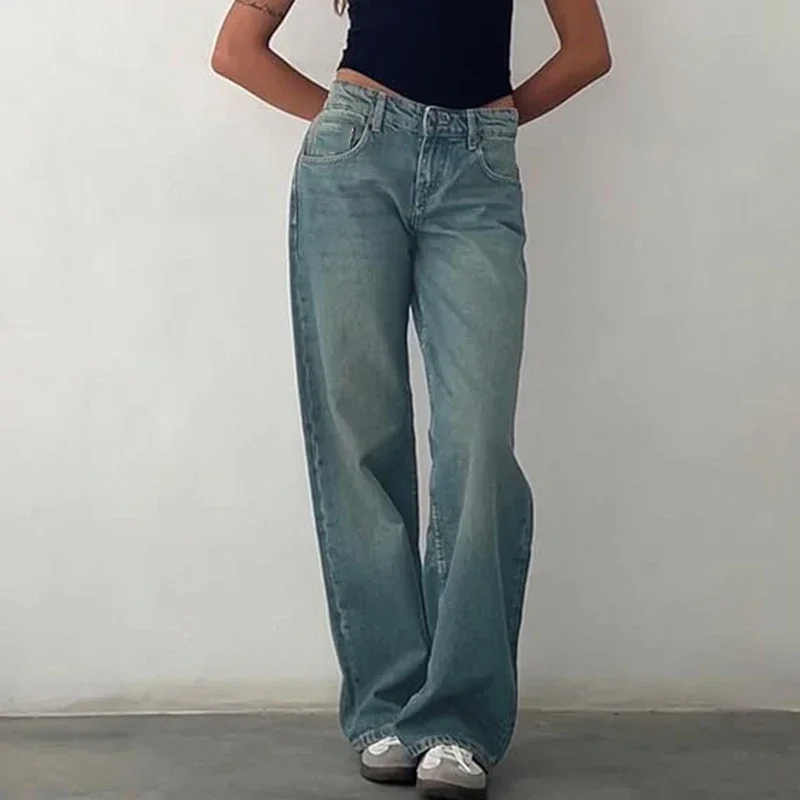 LIBIELIY Woman Loose High Waist Straight Leg Jeans Female Wide Leg Street Denim Pants Girls Classic Retro Blue Casual Denim Tro