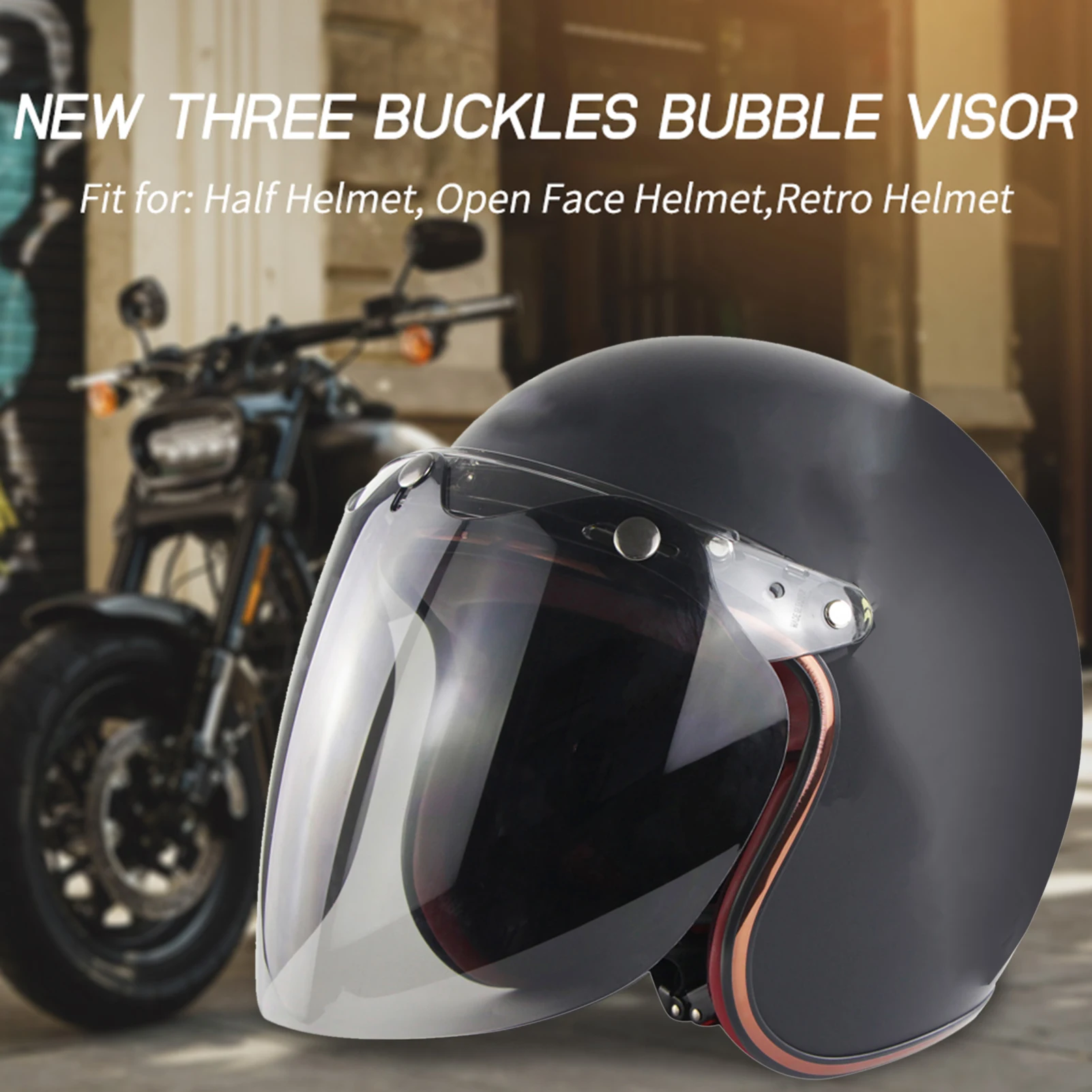 Open Face Helmet Visor Motorcycle Helmet Bubble Lens 3-Snap Bubble Wind Shield Visor