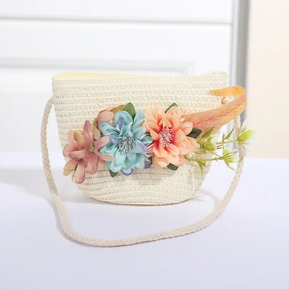 

Flower Girl Straw Bag Cute Handmade Woven Coin Purse Storage Basket Zipper Photo Props Kid Messenger Bags