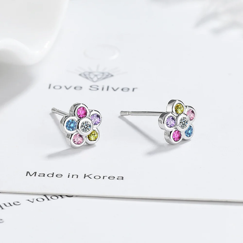 925 Sterling Silver Crystal Colorful Zircon Flower Cute Stud Earrings for Women S925 Wedding Party Jewelry Gift Aretes De Mujer