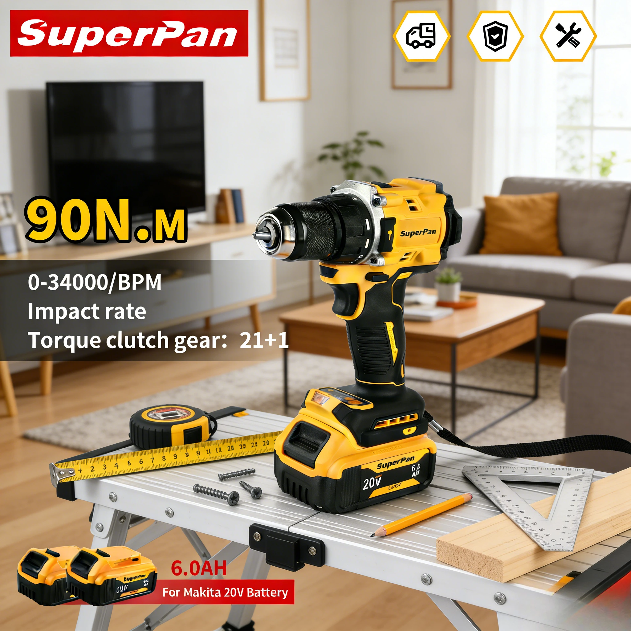 

Аккумуляторная дрель SuperPan 20V для тяжелых работ, 90/27Нм, для ремонта автомобилей, деревообработки, домашнего ремонта, совместима с аккумулятором Dewalt 20V
