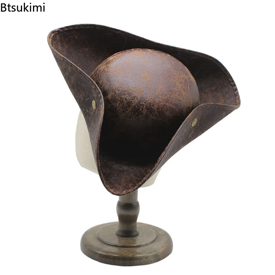 

Faux Leather Pirate Hat Vintage Button Captain Hat Masquerade Party Cosplay Costume Accessories Unisex Halloween Clothing Props