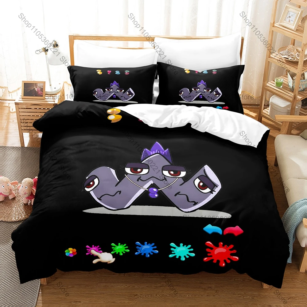 Alphabet Lore Color Humanized Letter Dark Battle Cartoon Print Duvet Cover + 2 Pillowcases Funny Kids Microfiber Bedroom Decor