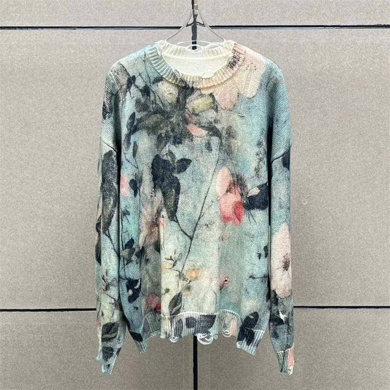 

Women's sweater 2025 Winter new elastic knitted round neck Women's long sleeve top ink printed pure cotton pullover y2k Knitwear