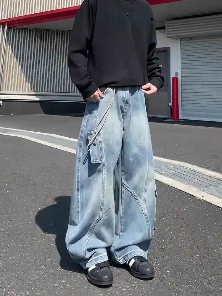 Men's Large Pocket Blue Jeans Y2k Casual Pants Young Boy Retro Hip-hop Street Style High Waist Bottoms Wide Leg Male Trousers