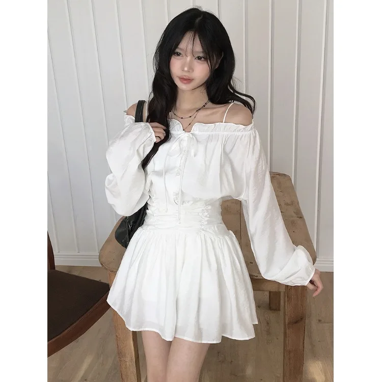 

Chic Shoulder Bared One-Shoulder Waist-Cinching Long Sleeve Shirt Dress Women's Spring New Style Short Korean Style Dress