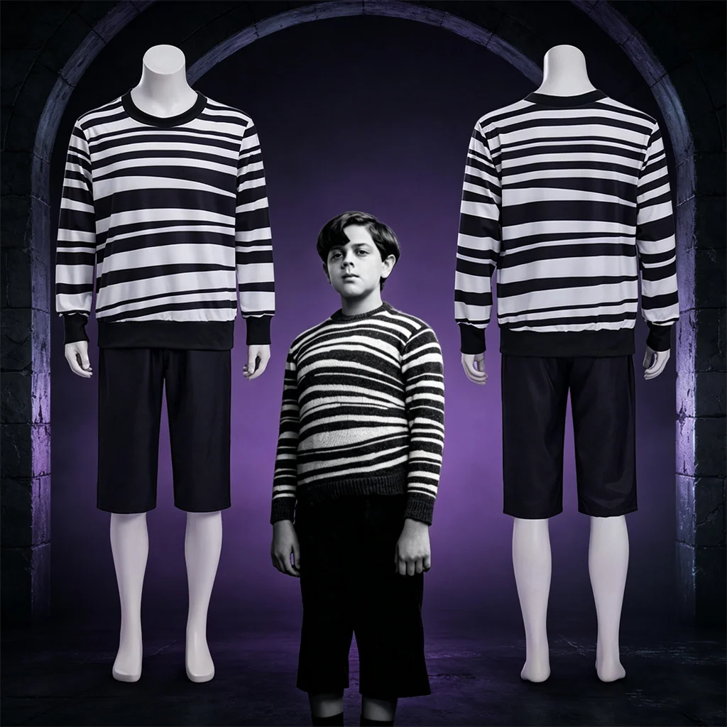 Film-Pugsley-Kostüm Schwarz-Weiß Gestreiftes Hemd mit Hosen-Set für Erwachsene Männer Addams Gothic Uniform Set
