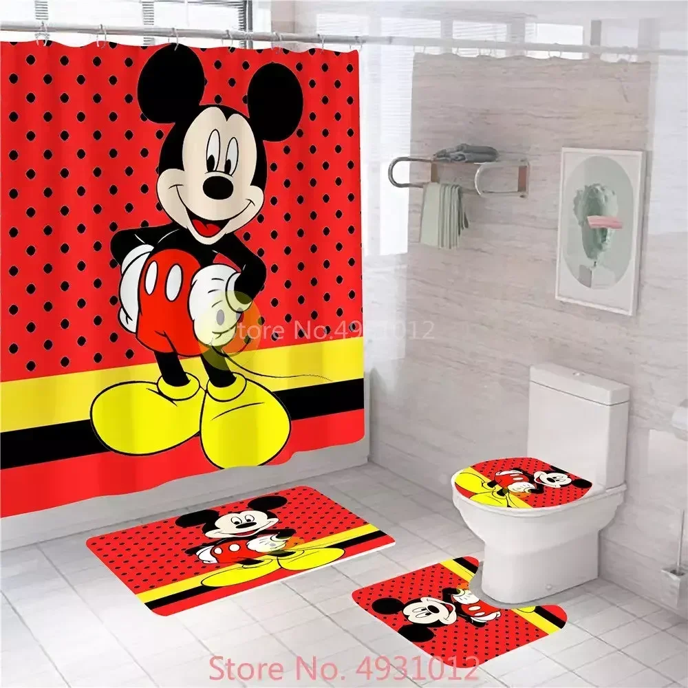 Disney Red Mickey Minnie Mouse Love Bath Shower Curtain Set 4pcs with Hooks Cartoon Decor Bathroom Toilet Mat Lid