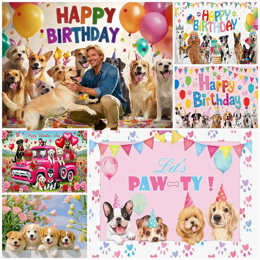 

Cute Cartoon Dog Background Funny Animal Happy Birthday Party Decoration Banner Pet Dachshund Pink Balloon Kids Photo Backdrop