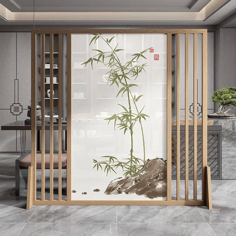 

New Chinese-style screen partition living room entry shelter entrance modern solid wood hollow bamboo customization, ash wood