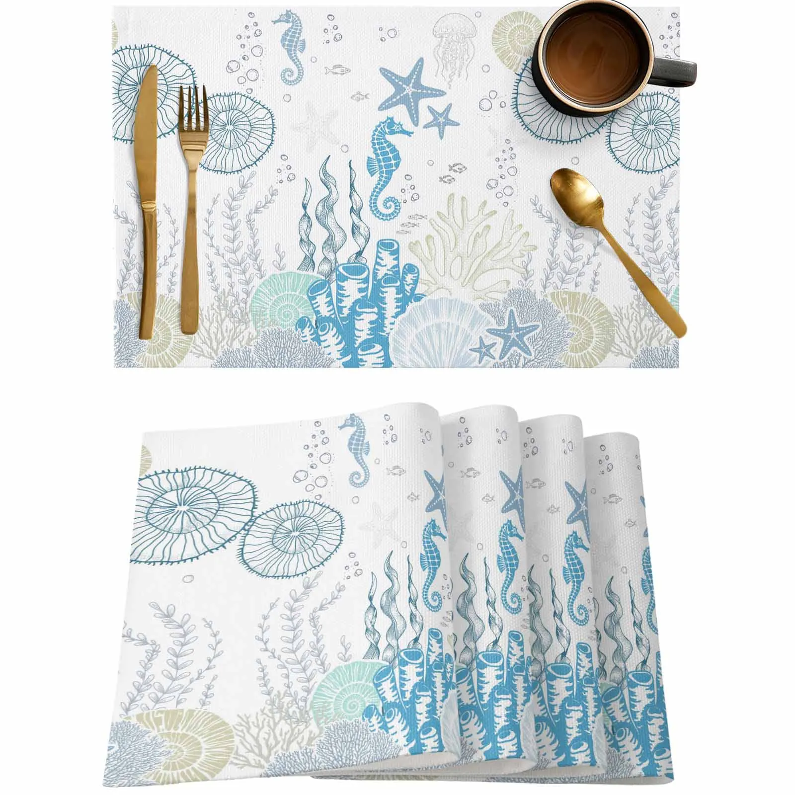 

4/6 Pcs Blue Ocean Seahorse Shell Placemat Wedding Party Dining Decor Linen Table Mat Kitchen Accessories