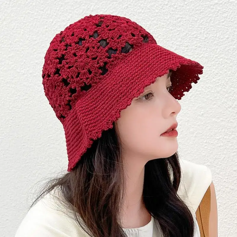 Summer Women\'s Bucket Hat Thin Fashion Western Style Hat Female 2021 Hot Hollow Crocheted Knitted Hat Look Small