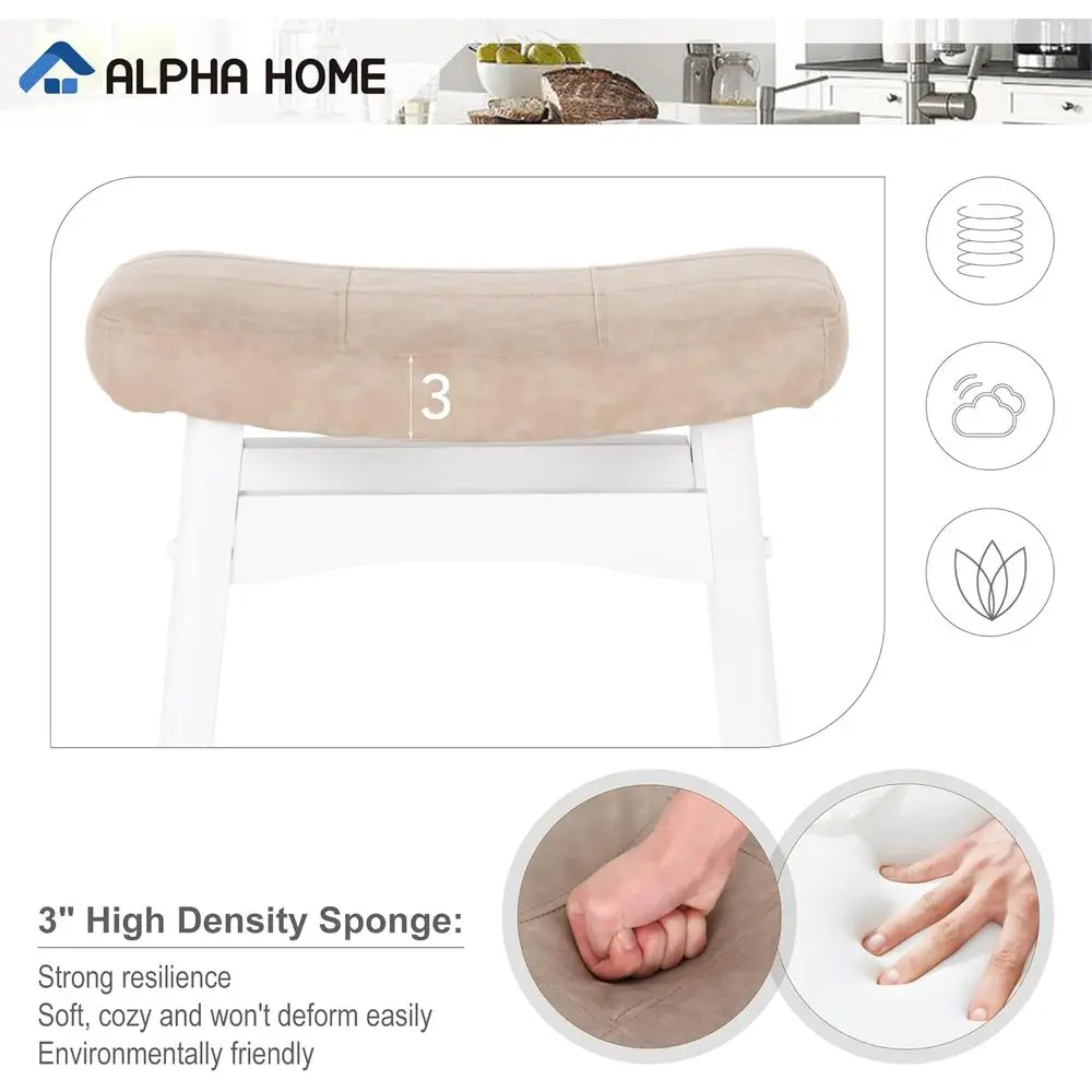 Par de bancos de bar de madeira maciça de 24 polegadas com almofadas de couro PU bege para áreas de cozinha e jantar