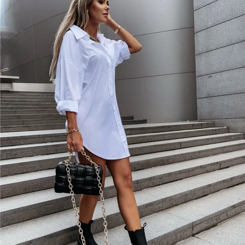 Elegant Women\'s White Blouse Casual Top Spring/Summer 2024 Simple Loose Fit Long Sleeve V-Neck Button Long Shirt S-XXL