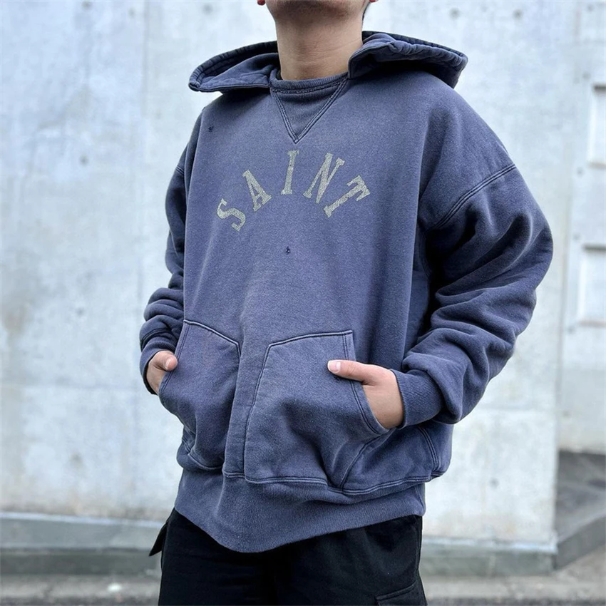 

High Quality Pure Cotton Saint Letter Printed Hoodie High Street Washed Vintage Casual Loose Fleece Japanese Streetwear