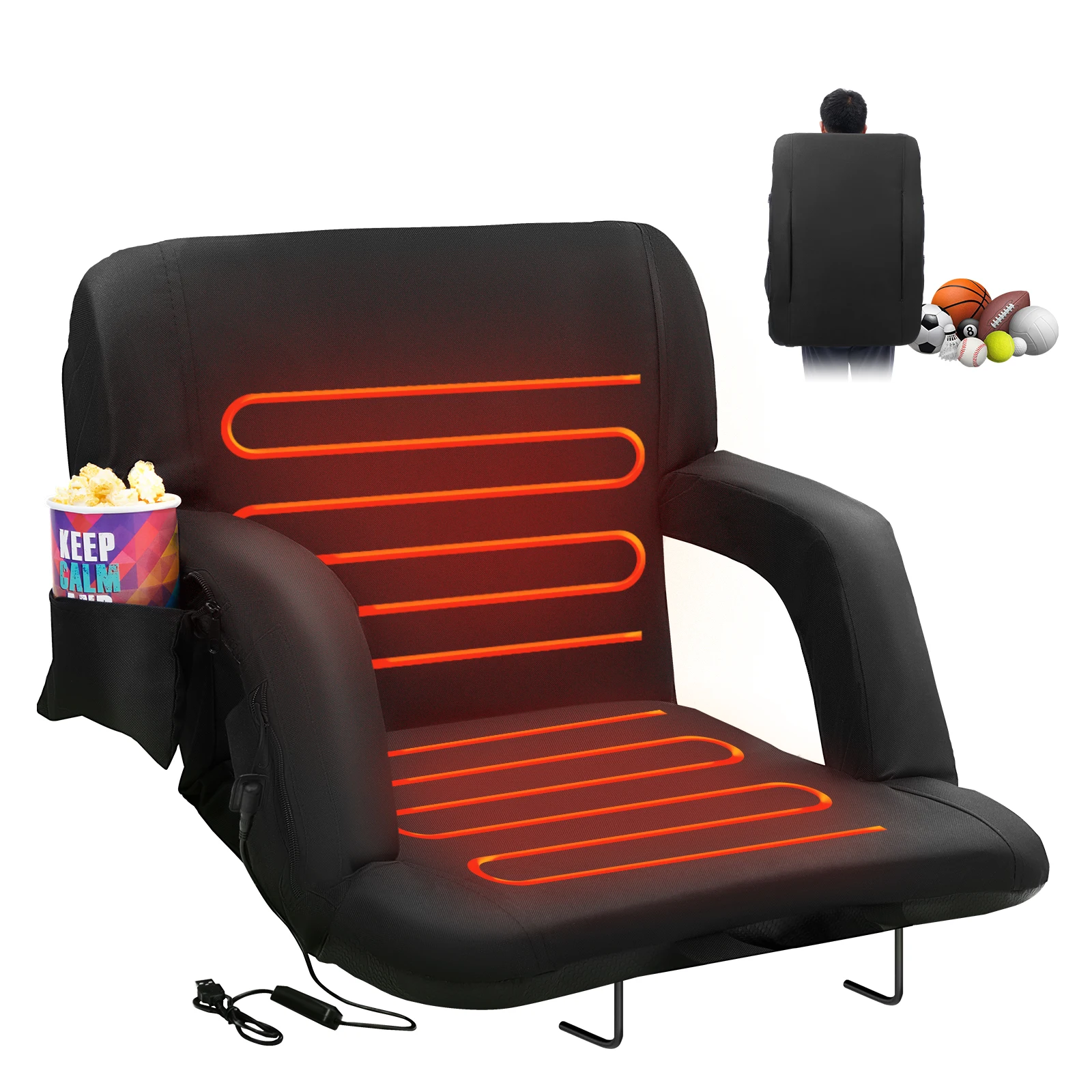 VEVOR Double Heated Stadium Seat with Back Support 3 Level Heating Wide Bleacher Seat Folding Portable Padded Reclining Chair