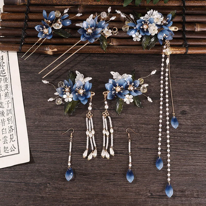 Blue Flower Hair Clip With Earring Chinese Wedding Hair Jewelry Sets For Women Pearl Tassel U-shaped Hairpin Vintage Hair Sticks