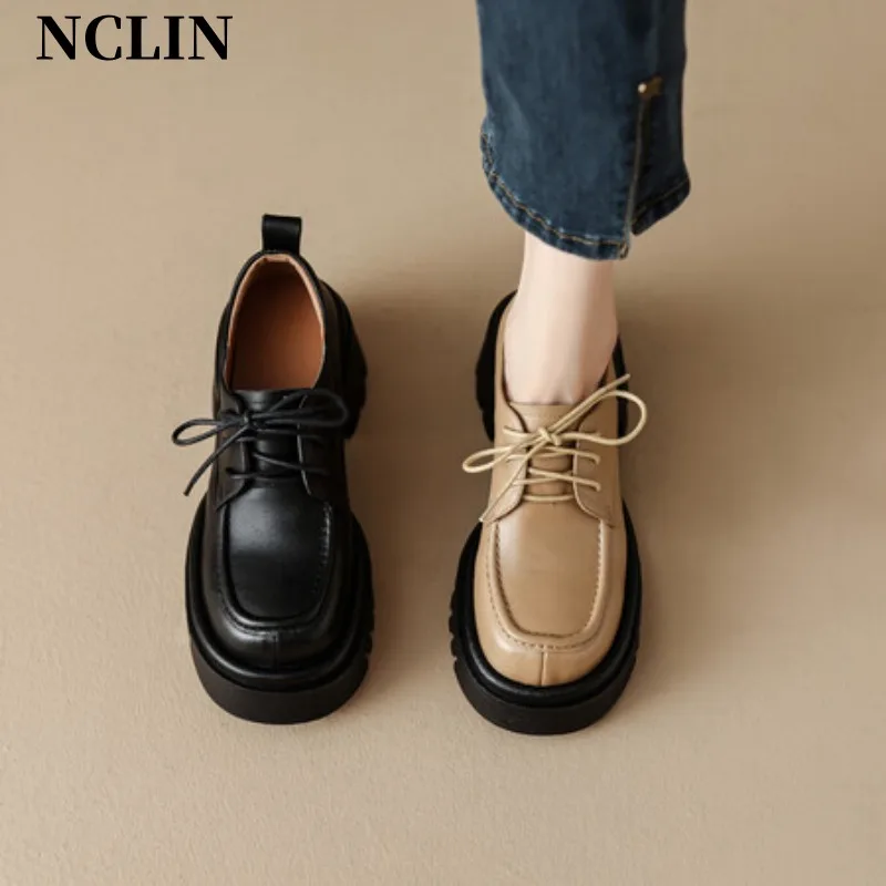 Spring/Summer Women Shoes Chunky Heel Round Toe Platform Shoes Women Genuine Leather Shoes High Heel Loafers Zapatos De Mujer