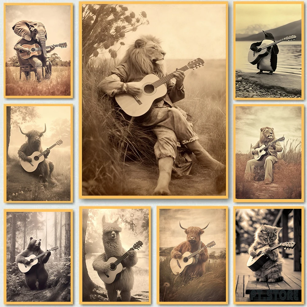 

Interesting Animal Posters On The Grassland Alpaca Highland Cow Playing Guitar Lion Canvas Painting Bedroom Home Decor Wall Art