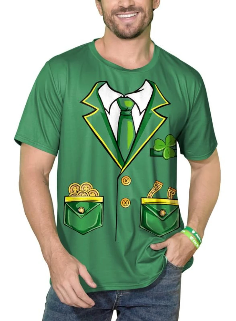 New Trendy Men St. Patricks Day T-Shirts 3D Printed Clover Graphic T Shirts Summer Casual Short Sleeve Oversized Couple Tees Top