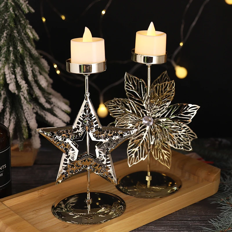 

Christmas Golden Wrought Iron Candlestick Xmas Tree Elk Stars Snowflake Candle Holder Christmas New Year 2025 Table Decoration