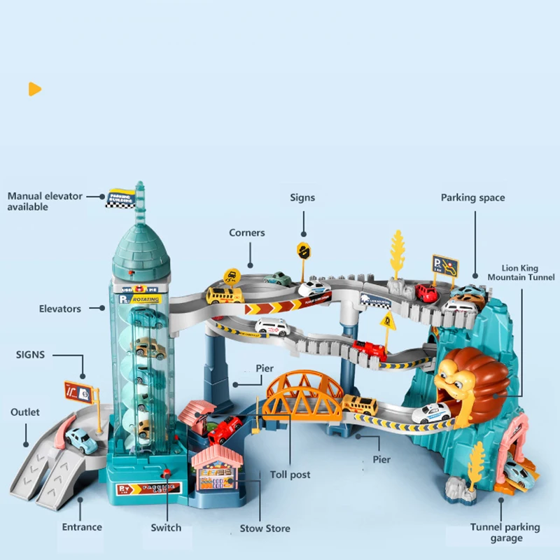 Pista per auto a tema leone per bambini Fonde sotto pressione Regali di festa Compleanno Hot Wheels Giocattoli da corsa educativi per bambini Macchinine da corsa