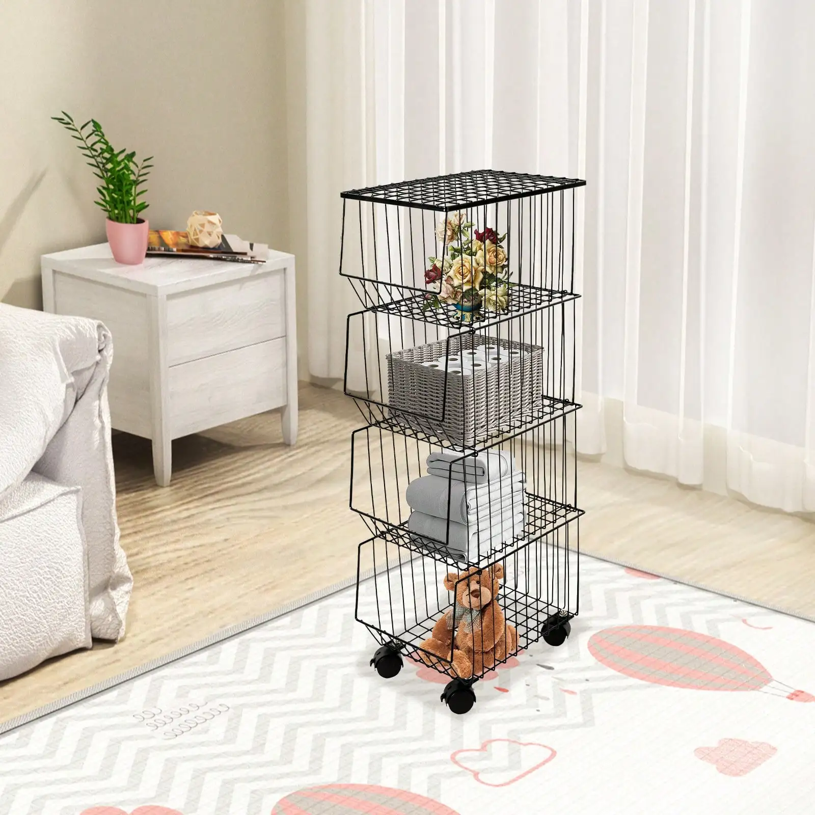 4 Tier Kitchen Storage Cart Pantry Shelves Metal Wire Mesh Baskets Cart With Rolling Wheels Utility Organizer Storage Basket