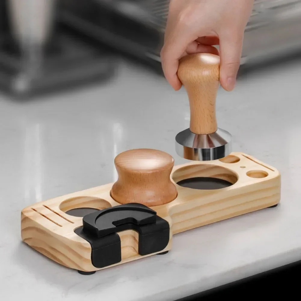 5 in 1 Wooden Coffee Station Holder for Tamper Portafilter Distributor Brush and Puck Screen for Barista Tools