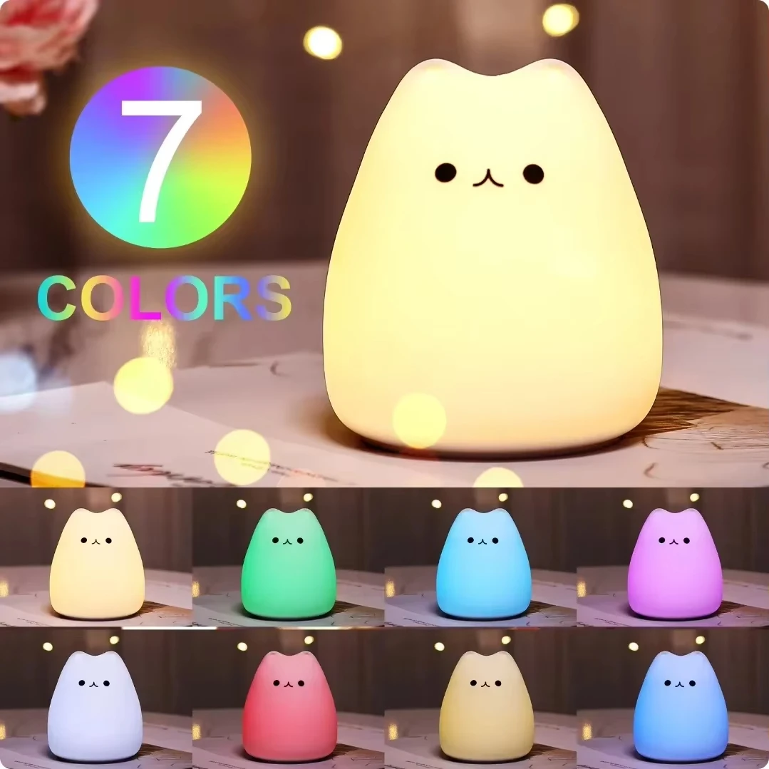 Veilleuse LED USB en silicone souple avec capteur tactile, lampe de couchage chat, décoration de la maison et de la chambre à coucher, cadeau d'anniversaire pour enfant, 7 couleurs