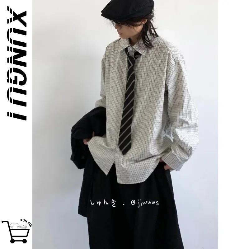 Unisex Oversized Gingham Check Shirt Long Sleeve Loose Fit Casual Top