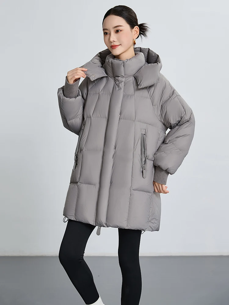 Winter Loose Mid Length Hooded Down Jacket Female Thicken Warm Drawstring Jackets Women White Duck Down Zipper Parker Outwears