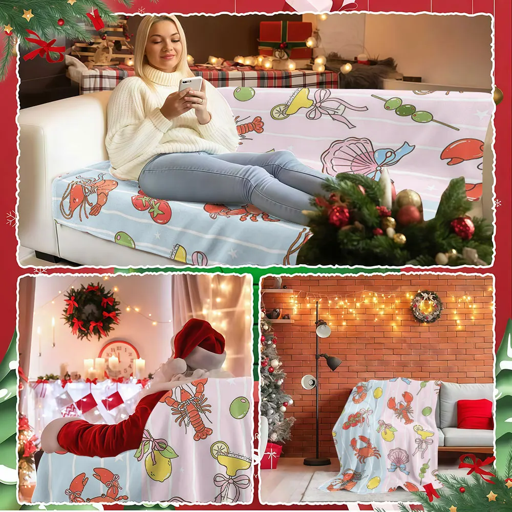 Coastal Summer Seafood Winter Summer Flannel Blanket Throw Fleece Soft Fuzzy Plush Cozy Fleece Blankets for Sofa Ideal Gifts