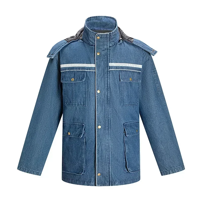 Winter Thickened Denim Overalls Welder's Tops Anti-scalding Jackets removable Cold-proof Warm Cotton Clothes Jackets with Hat