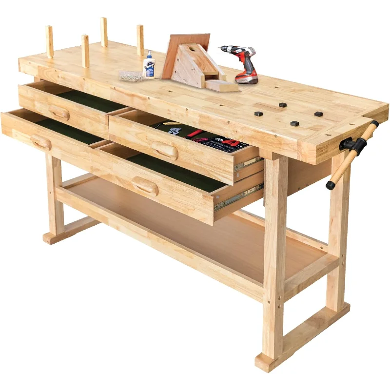 Olympia Tools Bancada de trabalho de madeira dura de borracha de 60 polegadas com 4 gavetas - Banco de trabalho de madeira portátil resistente com capacidade de peso de 450 libras