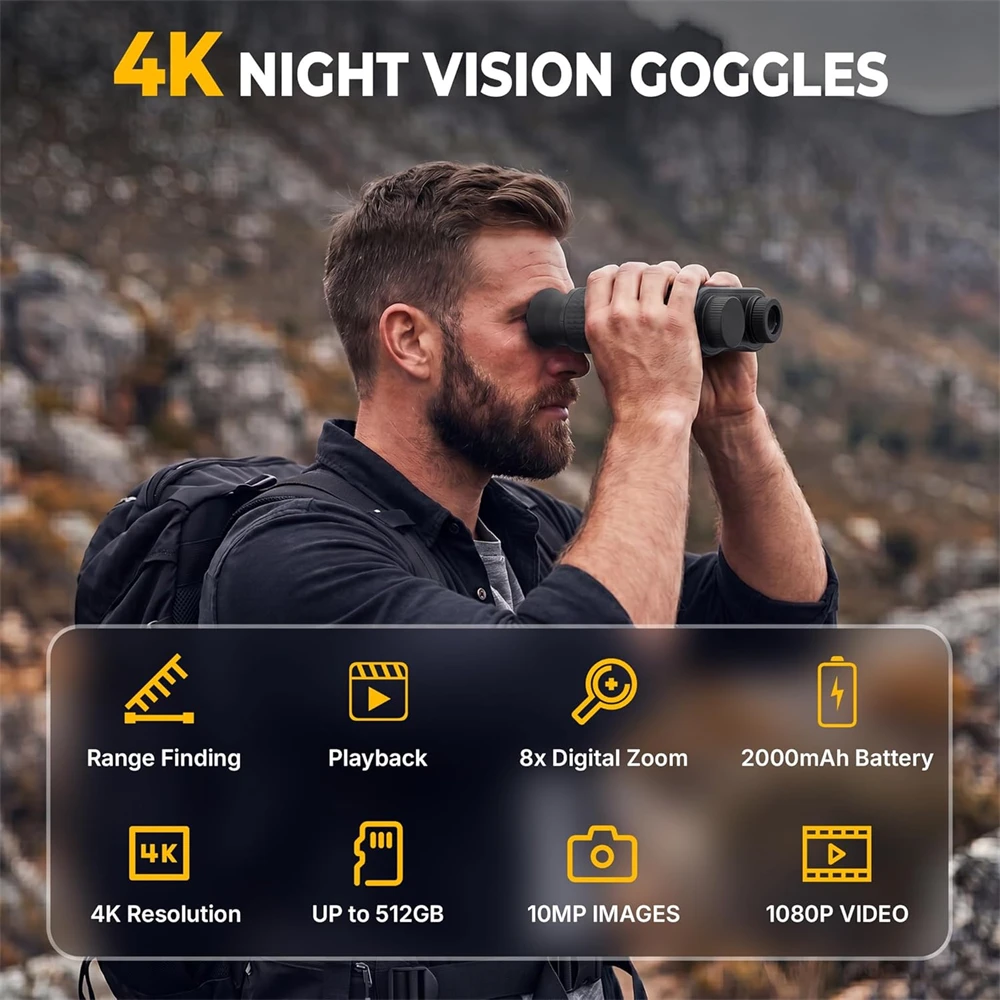 Night Vision Binoculars 4K Infrared 2000mAH Rechargeable 8X Digital Zoom 300 Meters Darkness Telescope Goggles for Wildlife Observation & Surveillance & Hunting Support Video & Photo