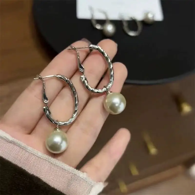 

New Exaggerated Geometry Elegance Imitation Pearl Pendant Earrings Female Unique Design Removable Two Wear Fashion Jewelry Gift