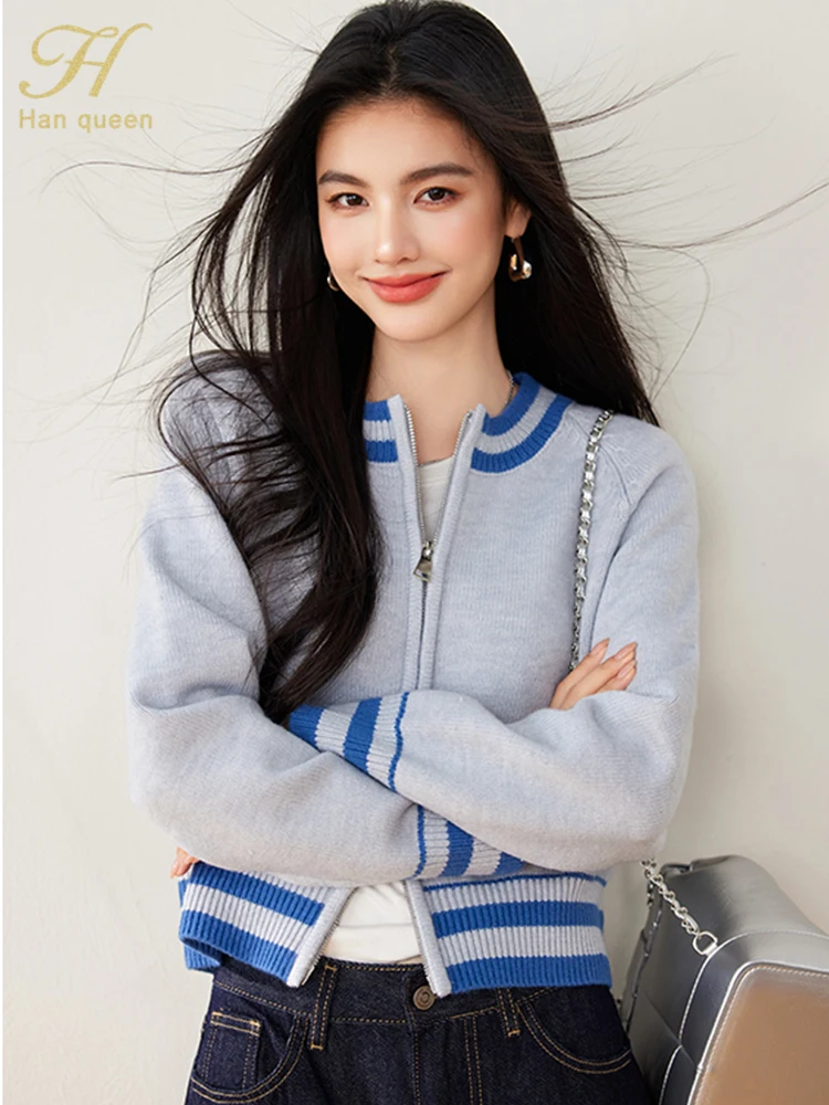 

H Han Queen Korean Chic Zipper Knitted Cardigan Sweater For Women Colorblocking Lazy Style Casual Basic Long Sleeve Vintage Tops