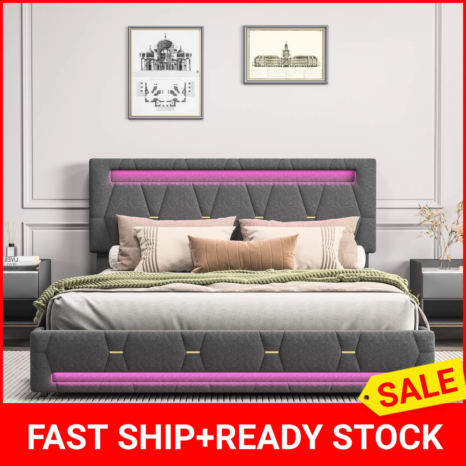 Soft Upholstered Bed, Grey Linen Material, Storage Bed, with Four Drawers and Variable Colorful LED Light Strip, 140 x 200 cm