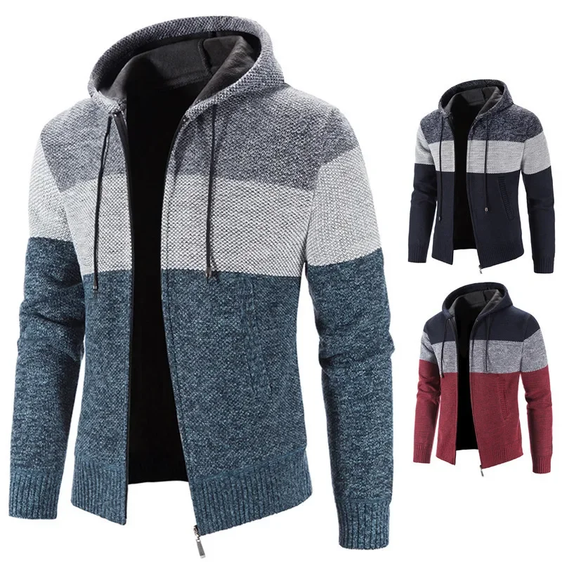 

Men's Hooded Cardigan Patchwork Color Autumn Leisure And Comfortable Blocking Hooded Warm Zipper Style Sweater Size 3XL